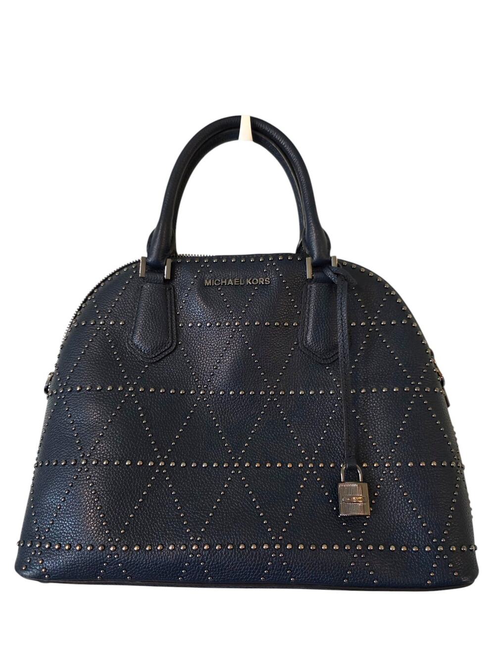Michael Kors Adele Studded Dome Satchel Handbag Purse Navy Blue Pebbled Leather